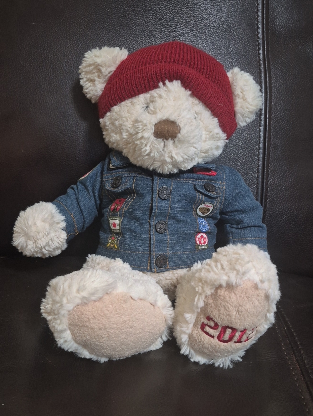 Plush Teddy Bear in Cream with Red Beanie and Denim Jacket